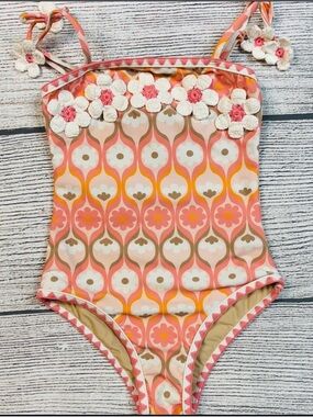 Girls Peach Floral Crochet-Trim One-Piece Swimsuit
